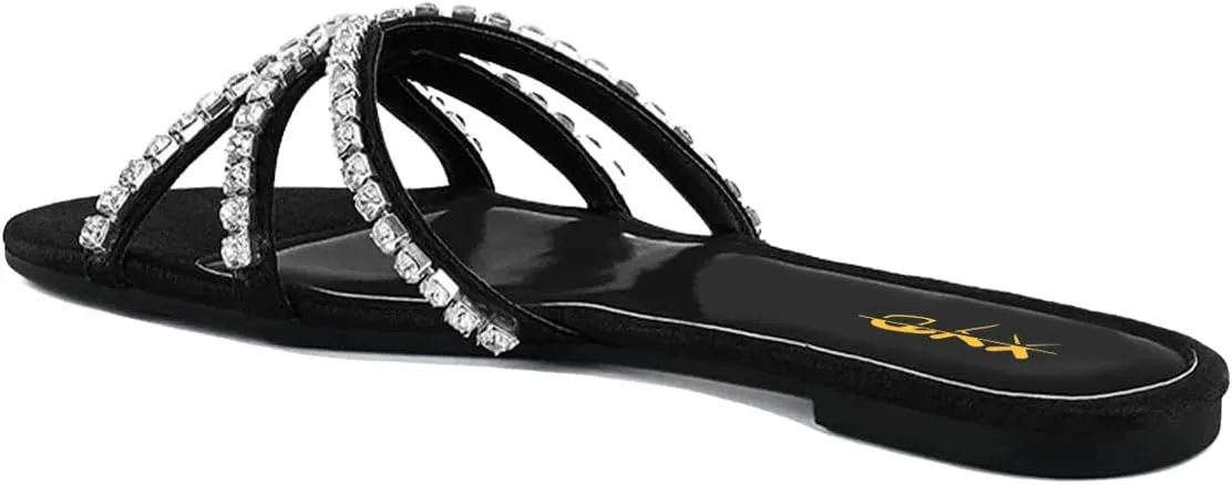 XYD Women Round Open Toe Flat Slippers Rhinestones Straps Cutout Slides Sandals Beach Holiday Casual Shoes