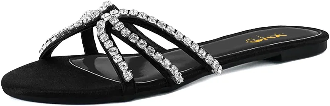 XYD Women Round Open Toe Flat Slippers Rhinestones Straps Cutout Slides Sandals Beach Holiday Casual Shoes