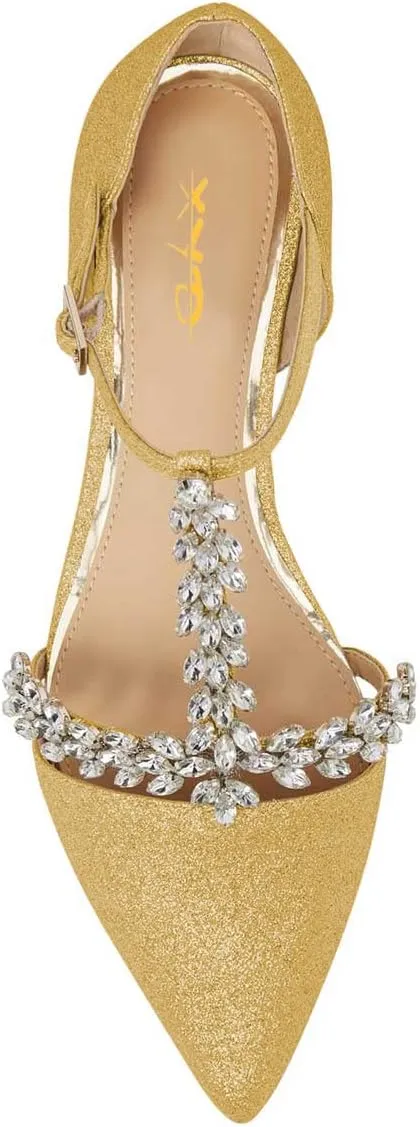 XYD Women Trendy Rhinestone T-Strap Crystal Bridal Flats Sandals Pointy Toe D'Orsay Ankle Strap Wedding Dress Shoes
