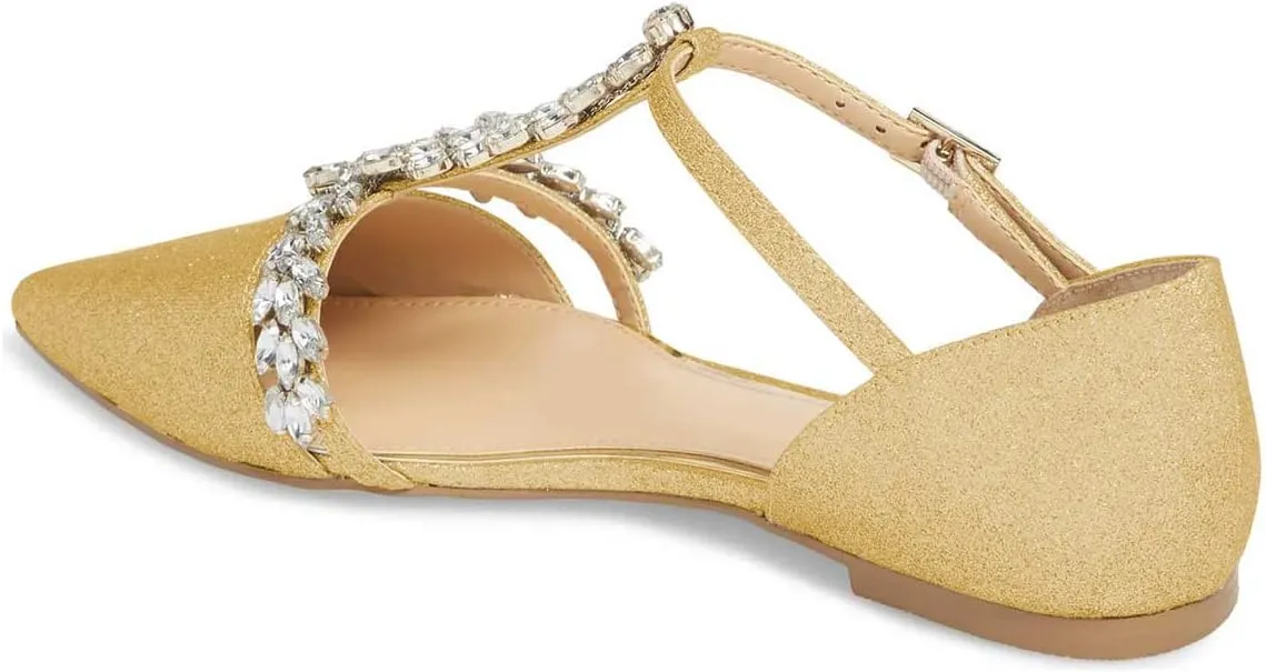 XYD Women Trendy Rhinestone T-Strap Crystal Bridal Flats Sandals Pointy Toe D'Orsay Ankle Strap Wedding Dress Shoes