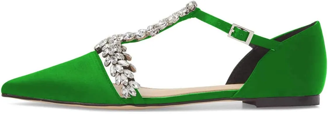 XYD Women Trendy Rhinestone T-Strap Crystal Bridal Flats Sandals Pointy Toe D'Orsay Ankle Strap Wedding Dress Shoes