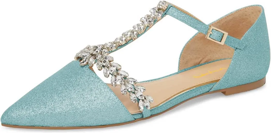 XYD Women Trendy Rhinestone T-Strap Crystal Bridal Flats Sandals Pointy Toe D'Orsay Ankle Strap Wedding Dress Shoes