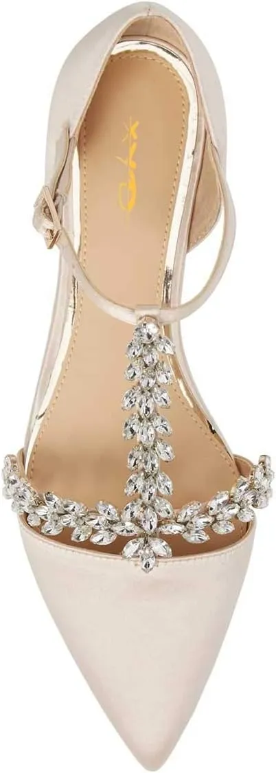 XYD Women Trendy Rhinestone T-Strap Crystal Bridal Flats Sandals Pointy Toe D'Orsay Ankle Strap Wedding Dress Shoes