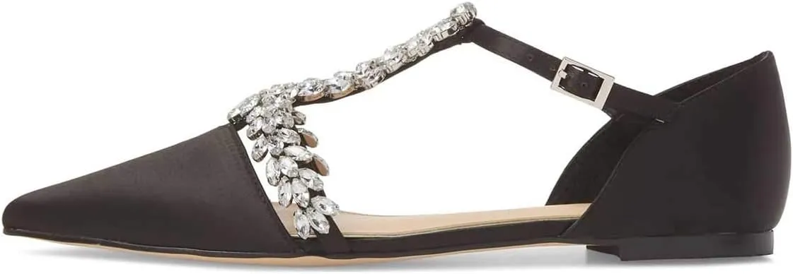 XYD Women Trendy Rhinestone T-Strap Crystal Bridal Flats Sandals Pointy Toe D'Orsay Ankle Strap Wedding Dress Shoes