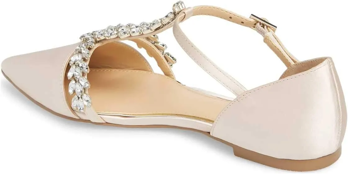 XYD Women Trendy Rhinestone T-Strap Crystal Bridal Flats Sandals Pointy Toe D'Orsay Ankle Strap Wedding Dress Shoes
