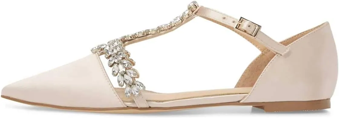 XYD Women Trendy Rhinestone T-Strap Crystal Bridal Flats Sandals Pointy Toe D'Orsay Ankle Strap Wedding Dress Shoes