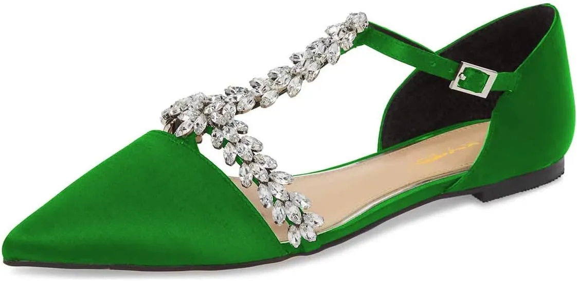 XYD Women Trendy Rhinestone T-Strap Crystal Bridal Flats Sandals Pointy Toe D'Orsay Ankle Strap Wedding Dress Shoes
