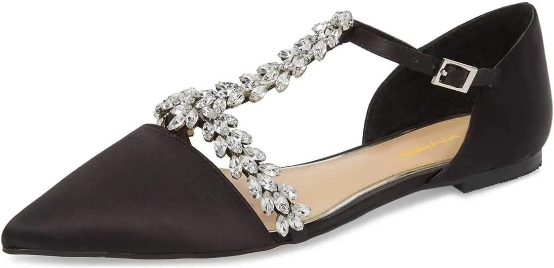 XYD Women Trendy Rhinestone T-Strap Crystal Bridal Flats Sandals Pointy Toe D'Orsay Ankle Strap Wedding Dress Shoes