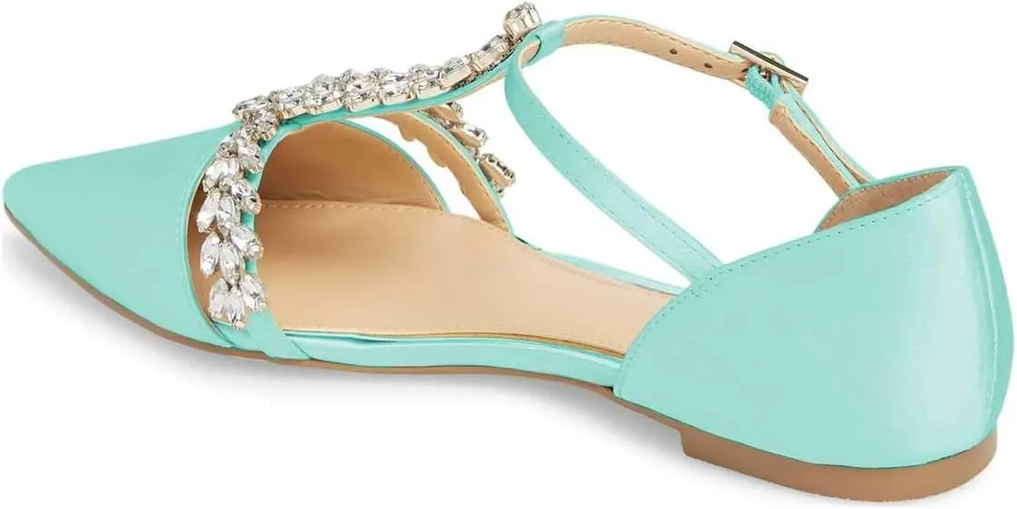 XYD Women Trendy Rhinestone T-Strap Crystal Bridal Flats Sandals Pointy Toe D'Orsay Ankle Strap Wedding Dress Shoes