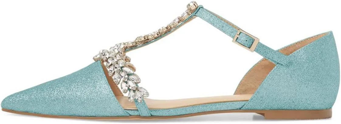XYD Women Trendy Rhinestone T-Strap Crystal Bridal Flats Sandals Pointy Toe D'Orsay Ankle Strap Wedding Dress Shoes