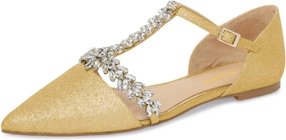 XYD Women Trendy Rhinestone T-Strap Crystal Bridal Flats Sandals Pointy Toe D'Orsay Ankle Strap Wedding Dress Shoes