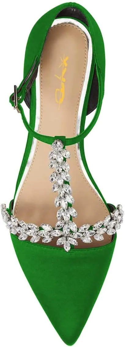 XYD Women Trendy Rhinestone T-Strap Crystal Bridal Flats Sandals Pointy Toe D'Orsay Ankle Strap Wedding Dress Shoes
