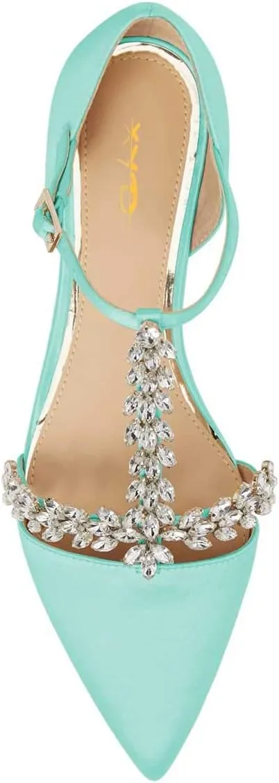XYD Women Trendy Rhinestone T-Strap Crystal Bridal Flats Sandals Pointy Toe D'Orsay Ankle Strap Wedding Dress Shoes