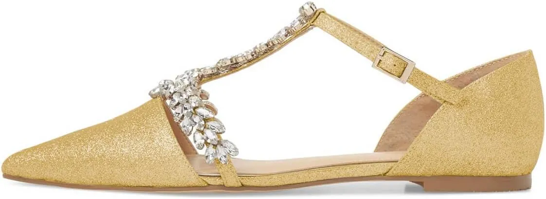 XYD Women Trendy Rhinestone T-Strap Crystal Bridal Flats Sandals Pointy Toe D'Orsay Ankle Strap Wedding Dress Shoes