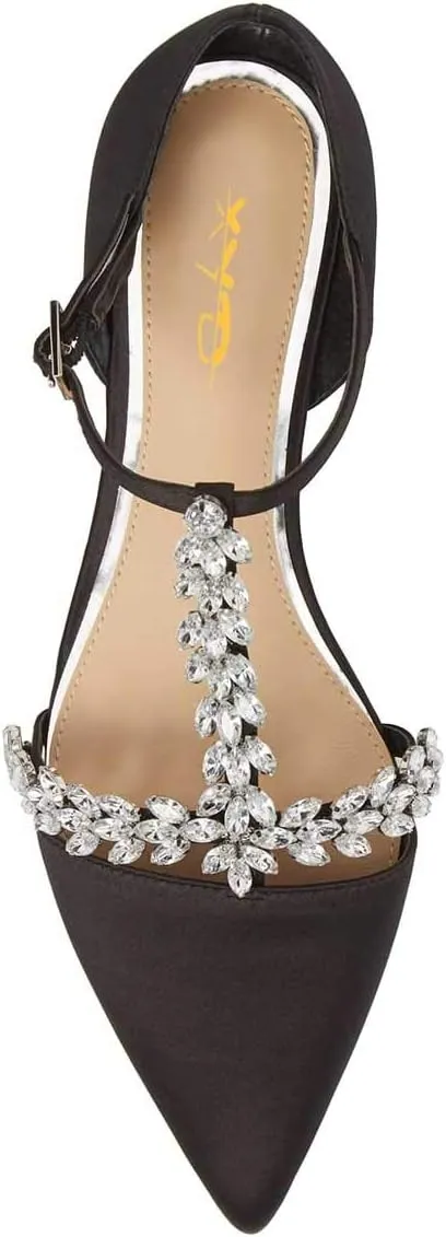 XYD Women Trendy Rhinestone T-Strap Crystal Bridal Flats Sandals Pointy Toe D'Orsay Ankle Strap Wedding Dress Shoes
