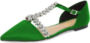 XYD Women Trendy Rhinestone T-Strap Crystal Bridal Flats Sandals Pointy Toe D'Orsay Ankle Strap Wedding Dress Shoes