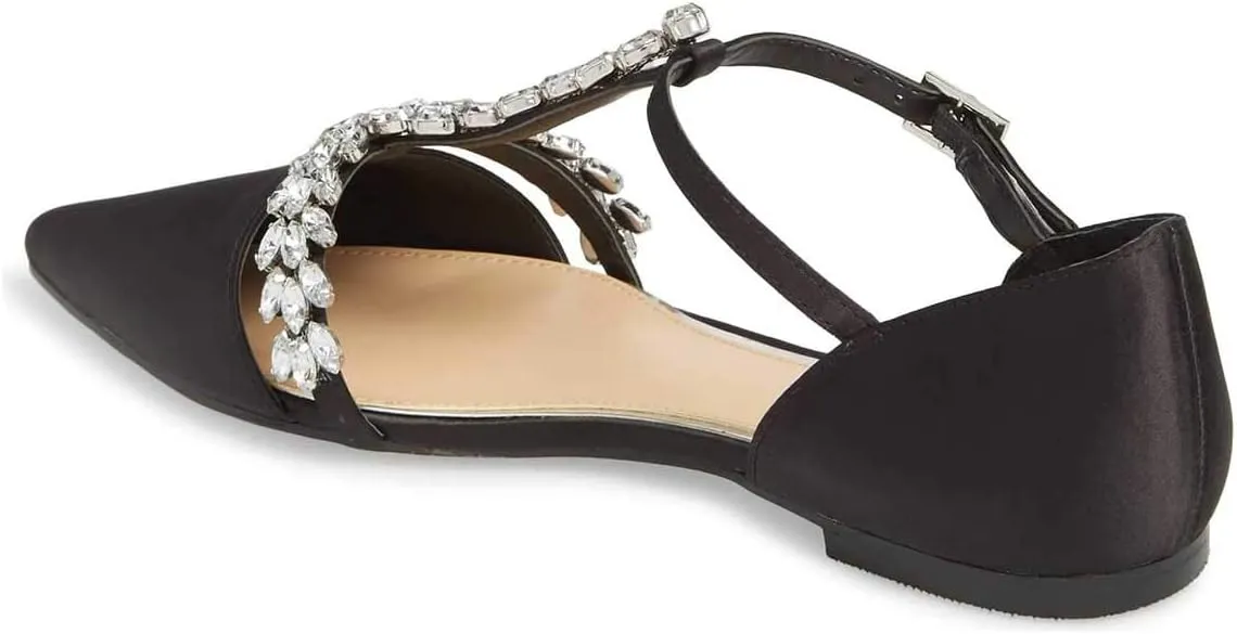 XYD Women Trendy Rhinestone T-Strap Crystal Bridal Flats Sandals Pointy Toe D'Orsay Ankle Strap Wedding Dress Shoes