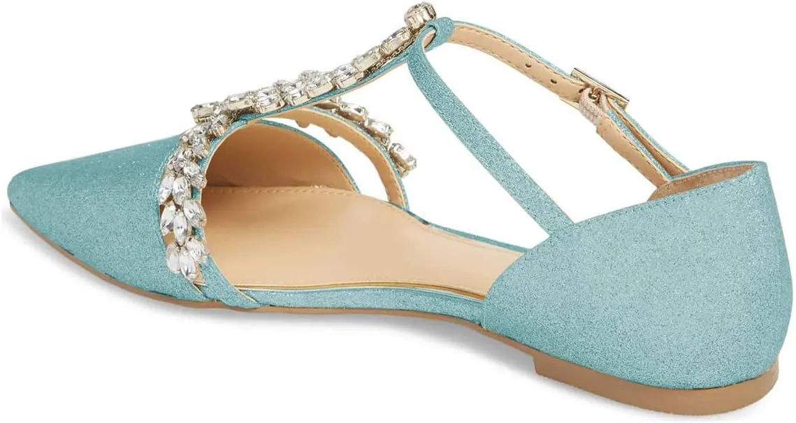 XYD Women Trendy Rhinestone T-Strap Crystal Bridal Flats Sandals Pointy Toe D'Orsay Ankle Strap Wedding Dress Shoes
