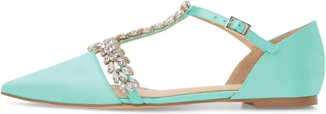 XYD Women Trendy Rhinestone T-Strap Crystal Bridal Flats Sandals Pointy Toe D'Orsay Ankle Strap Wedding Dress Shoes