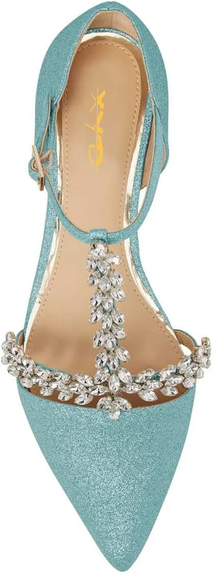 XYD Women Trendy Rhinestone T-Strap Crystal Bridal Flats Sandals Pointy Toe D'Orsay Ankle Strap Wedding Dress Shoes