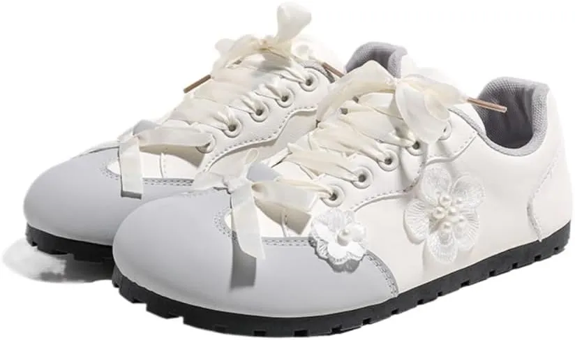 Y2K Korean Chunky Sneakers, Kawaii Silver and White Floral GAT Style, Cloud Sole with Hidden Heel Lift, Stylish Lace-Up Casual Shoes with Bow Silk Laces, Gift for Daughter