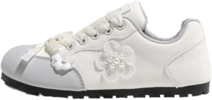 Y2K Korean Chunky Sneakers, Kawaii Silver and White Floral GAT Style, Cloud Sole with Hidden Heel Lift, Stylish Lace-Up Casual Shoes with Bow Silk Laces, Gift for Daughter