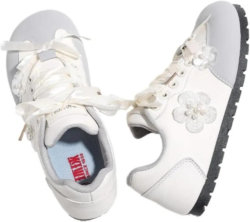 Y2K Korean Chunky Sneakers, Kawaii Silver and White Floral GAT Style, Cloud Sole with Hidden Heel Lift, Stylish Lace-Up Casual Shoes with Bow Silk Laces, Gift for Daughter