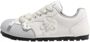Y2K Korean Chunky Sneakers, Kawaii Silver and White Floral GAT Style, Cloud Sole with Hidden Heel Lift, Stylish Lace-Up Casual Shoes with Bow Silk Laces, Gift for Daughter