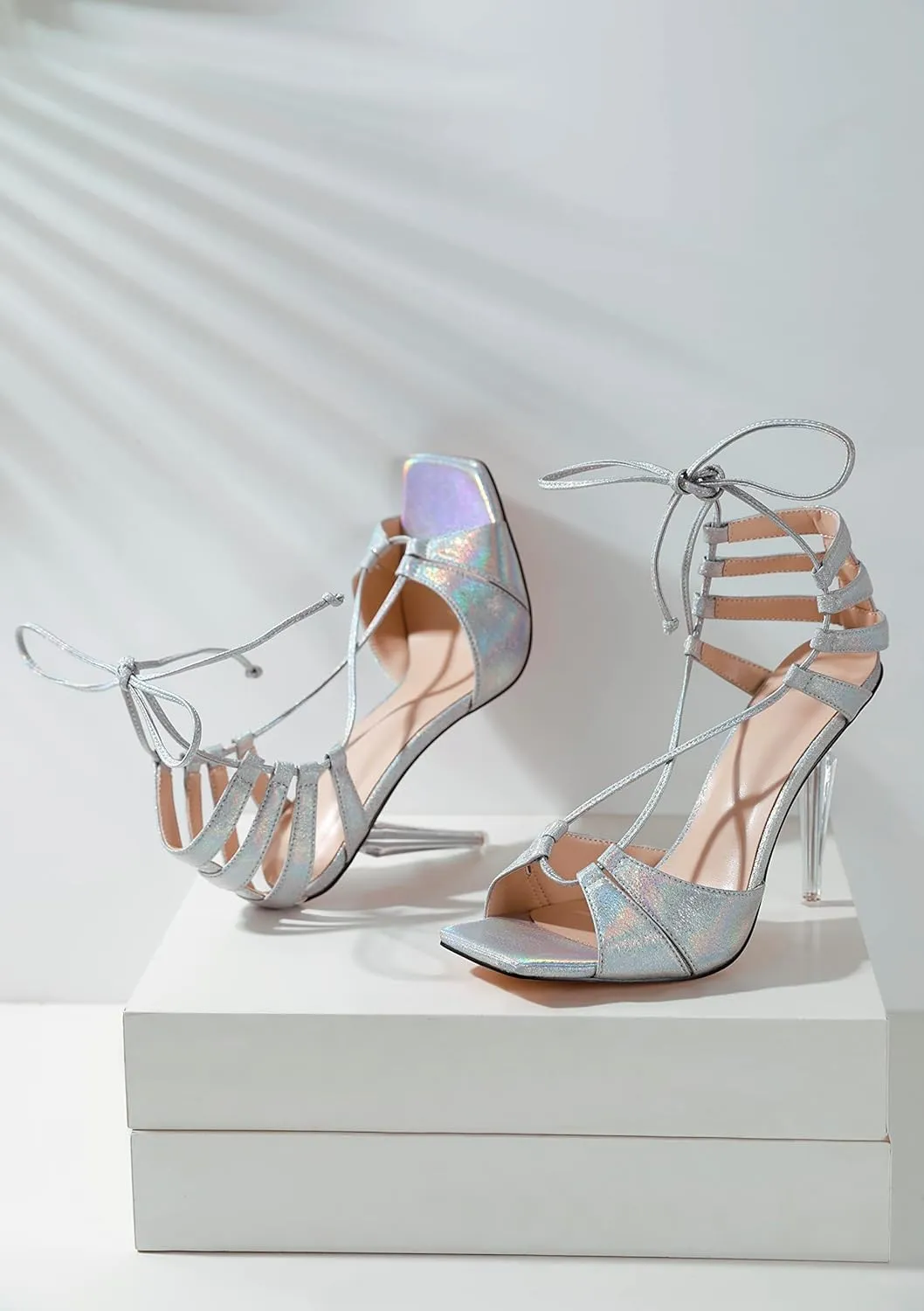 YODEKS Women's High Heel Sandals Lace-up Strappy Stiletto Heel Open Square Toe Shoes