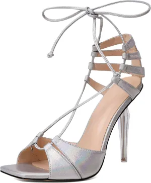 YODEKS Women's High Heel Sandals Lace-up Strappy Stiletto Heel Open Square Toe Shoes
