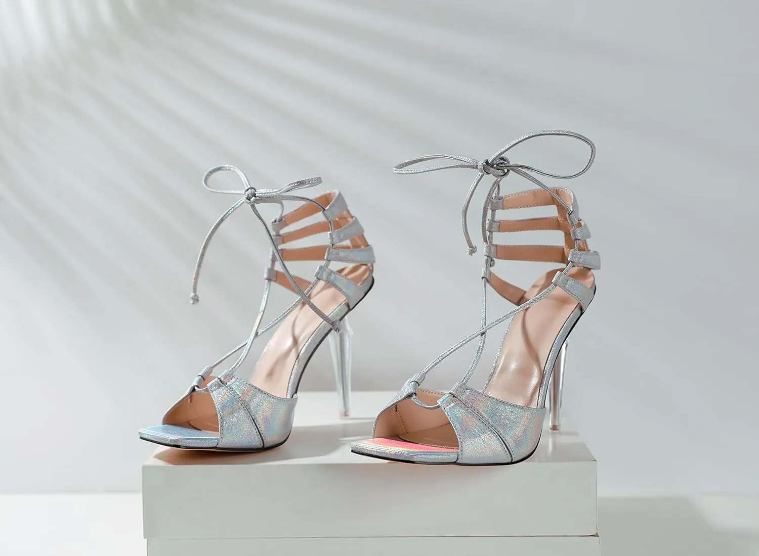 YODEKS Women's High Heel Sandals Lace-up Strappy Stiletto Heel Open Square Toe Shoes