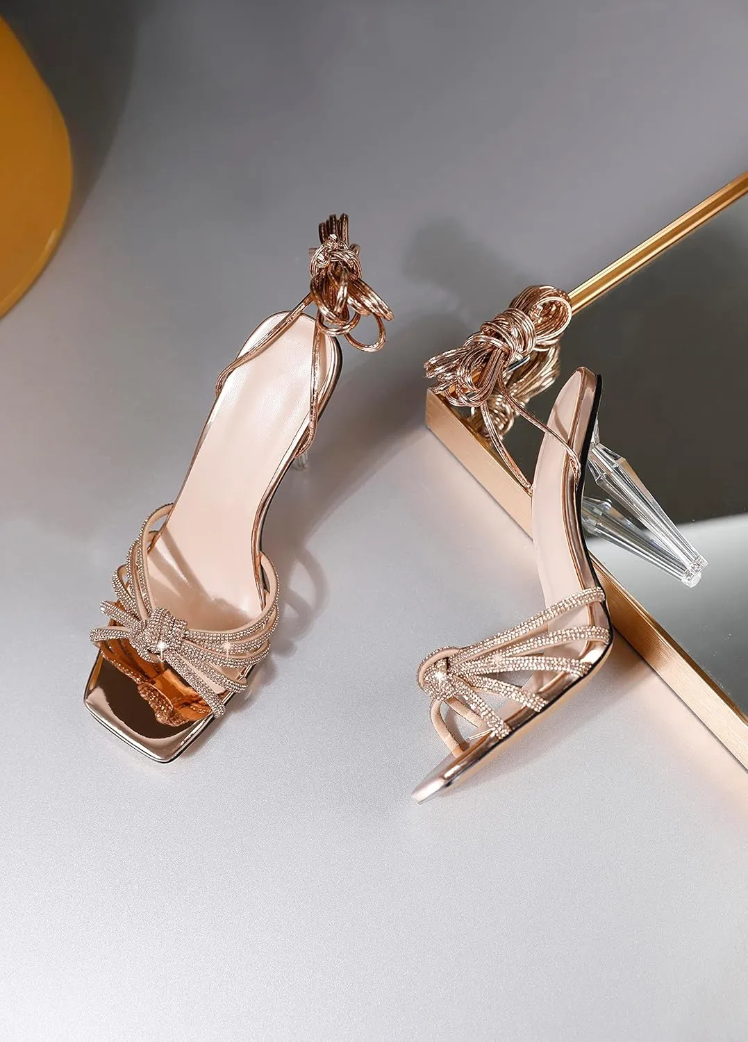 YODEKS Women's High Heel Sandals Strappy Stiletto High Heel Open Square Toe Shoes