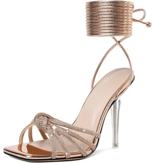YODEKS Women's High Heel Sandals Strappy Stiletto High Heel Open Square Toe Shoes