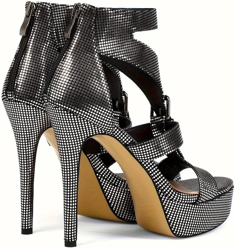 Zamikoo Womens Rhinestone Heeled Sandals Open Toe Strappy Platform Stiletto High Heel Sandals 5 Inches