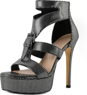 Zamikoo Womens Rhinestone Heeled Sandals Open Toe Strappy Platform Stiletto High Heel Sandals 5 Inches