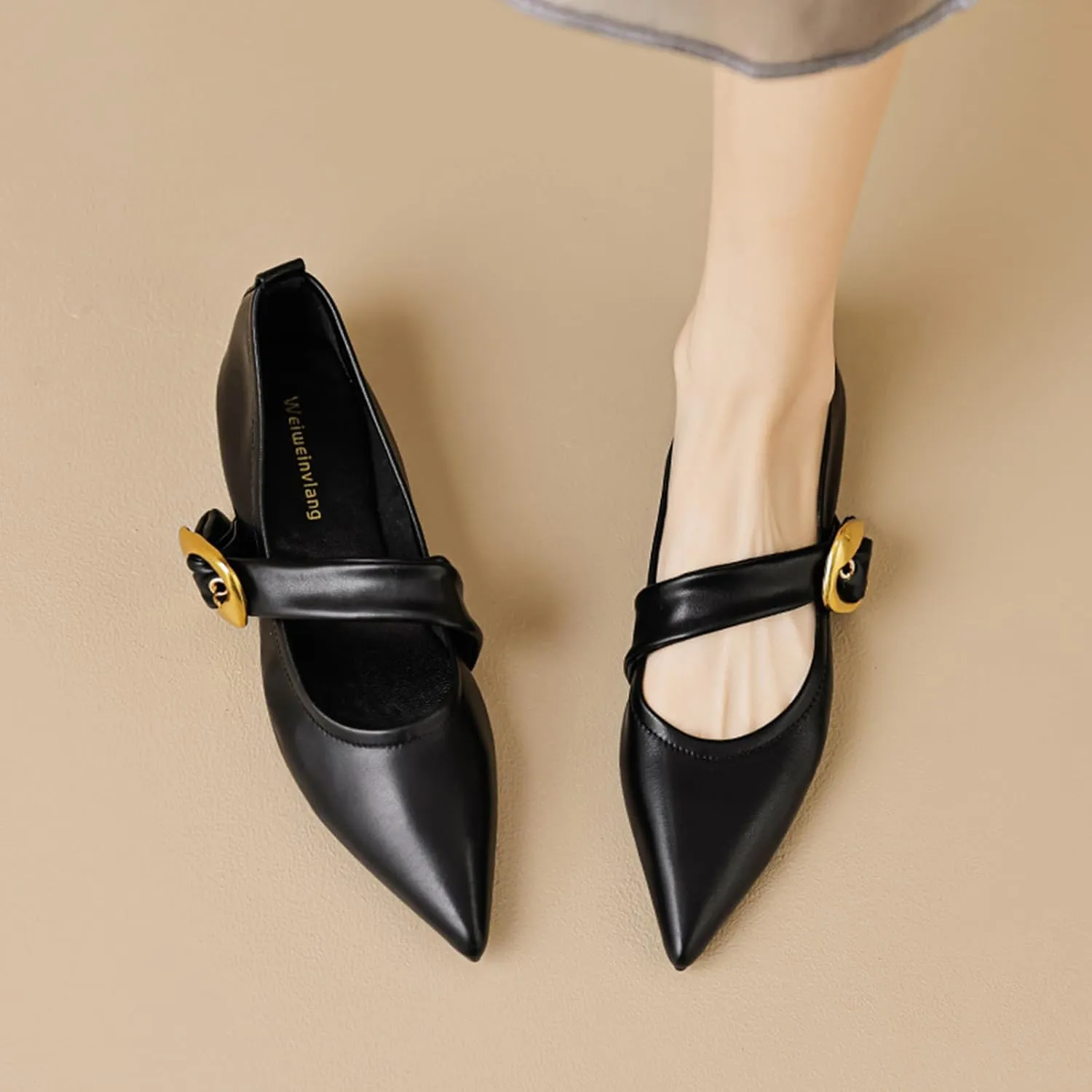 Zeberfi Women's Leather Mary Jane Flat Shoes with Adjust Metal Buckle Fashion Closed Pointed Toe Shallow Mouth Slip On Comfortable Luxury Business Wedding Dress Shoes