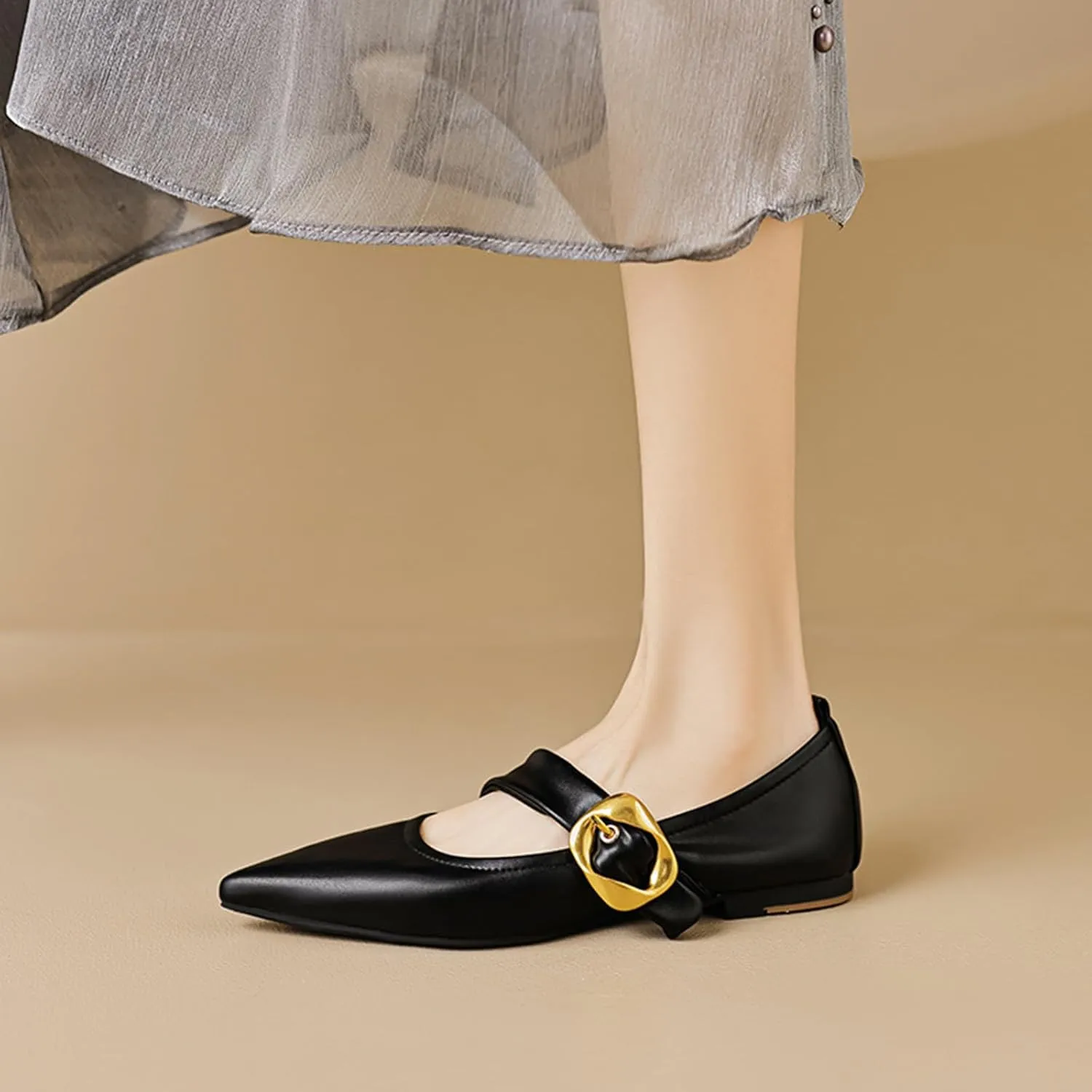 Zeberfi Women's Leather Mary Jane Flat Shoes with Adjust Metal Buckle Fashion Closed Pointed Toe Shallow Mouth Slip On Comfortable Luxury Business Wedding Dress Shoes
