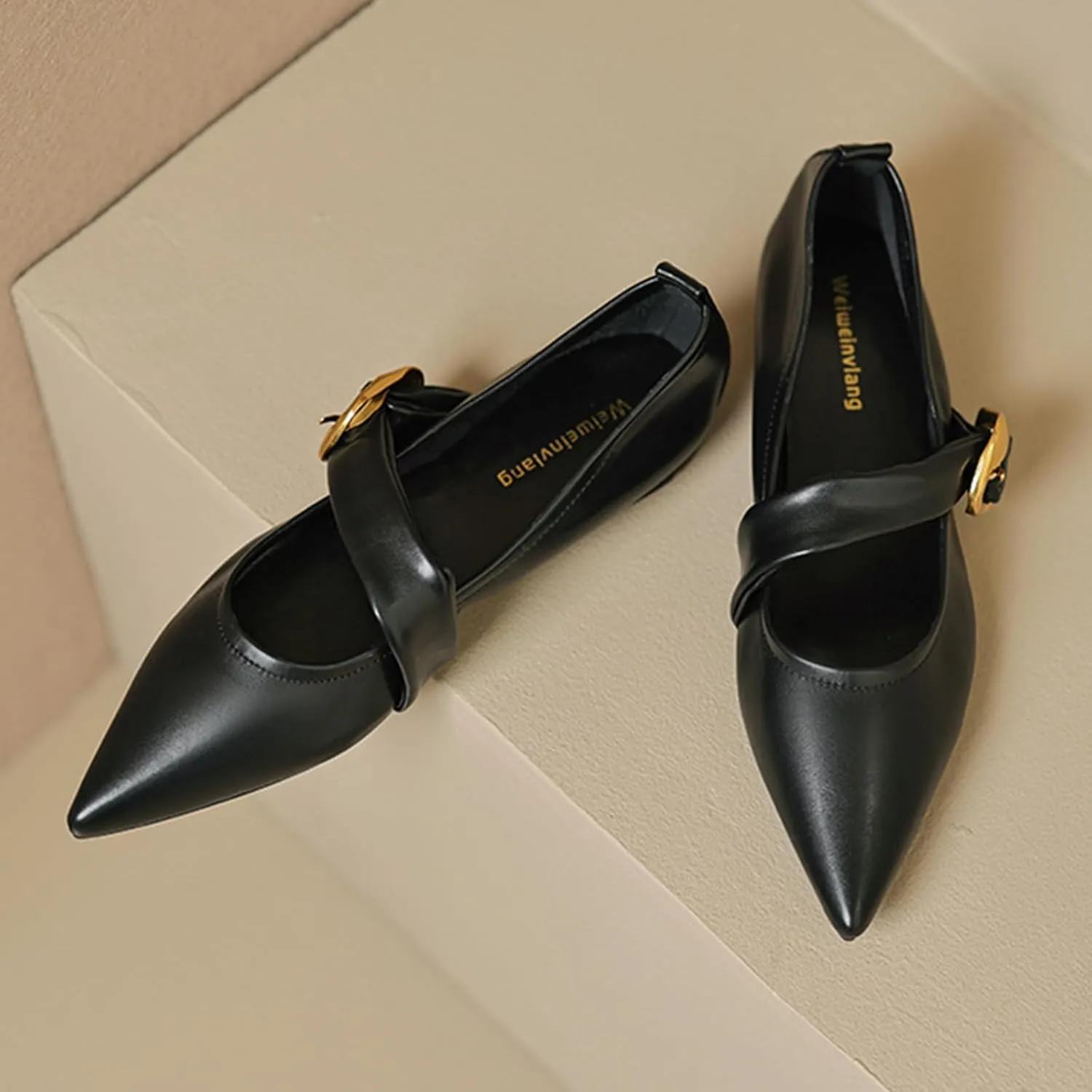 Zeberfi Women's Leather Mary Jane Flat Shoes with Adjust Metal Buckle Fashion Closed Pointed Toe Shallow Mouth Slip On Comfortable Luxury Business Wedding Dress Shoes