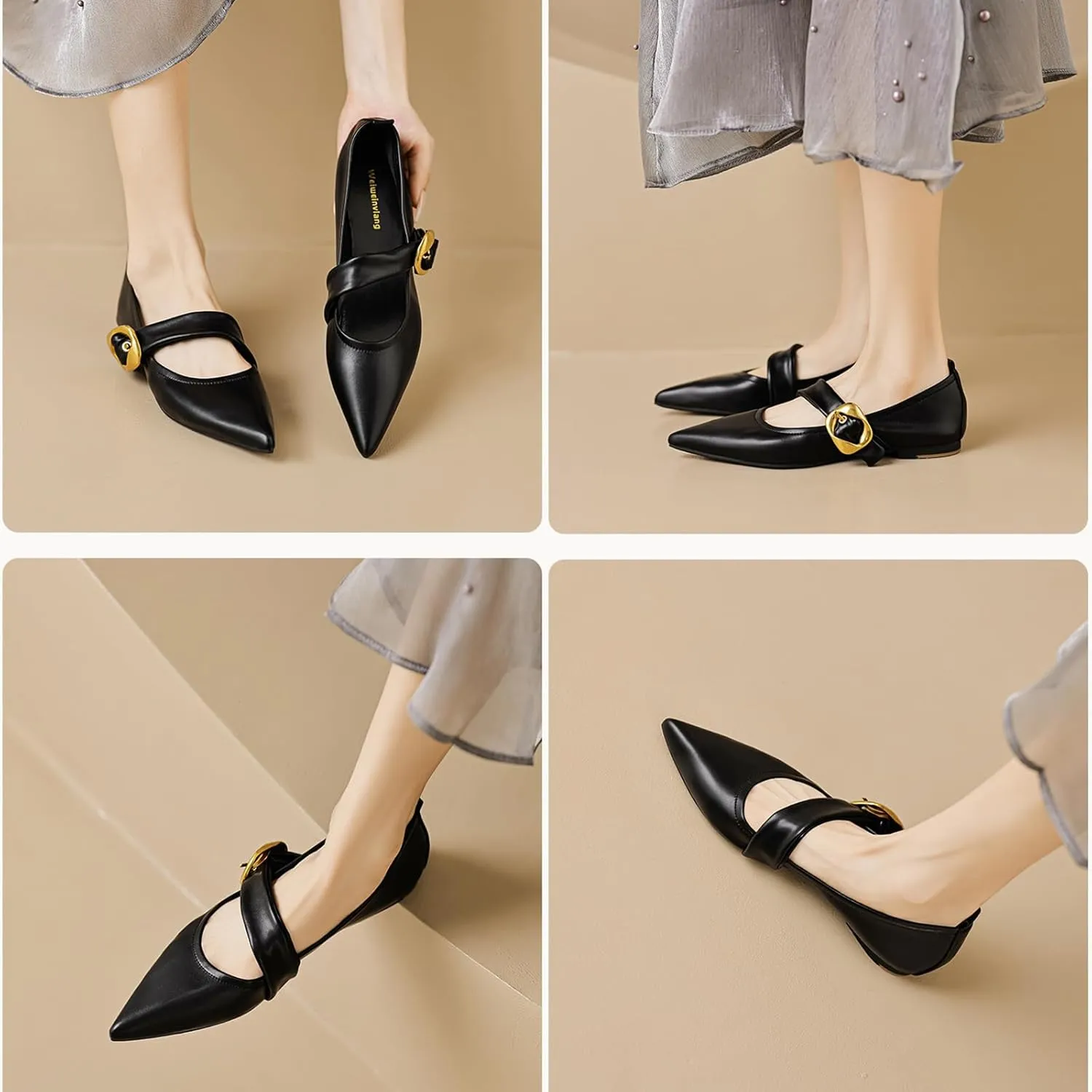 Zeberfi Women's Leather Mary Jane Flat Shoes with Adjust Metal Buckle Fashion Closed Pointed Toe Shallow Mouth Slip On Comfortable Luxury Business Wedding Dress Shoes