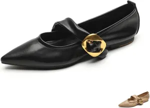 Zeberfi Women's Leather Mary Jane Flat Shoes with Adjust Metal Buckle Fashion Closed Pointed Toe Shallow Mouth Slip On Comfortable Luxury Business Wedding Dress Shoes