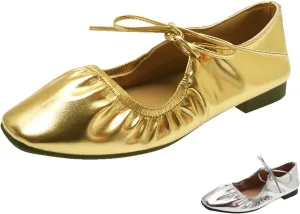 Zeberfi Women's Shiny Leather Mary Jane Flats Fashion Lace Up Closed Round Toe Shallow Mouth Ballet Shoes Retro Comfortable Lightweight Casual Shoes