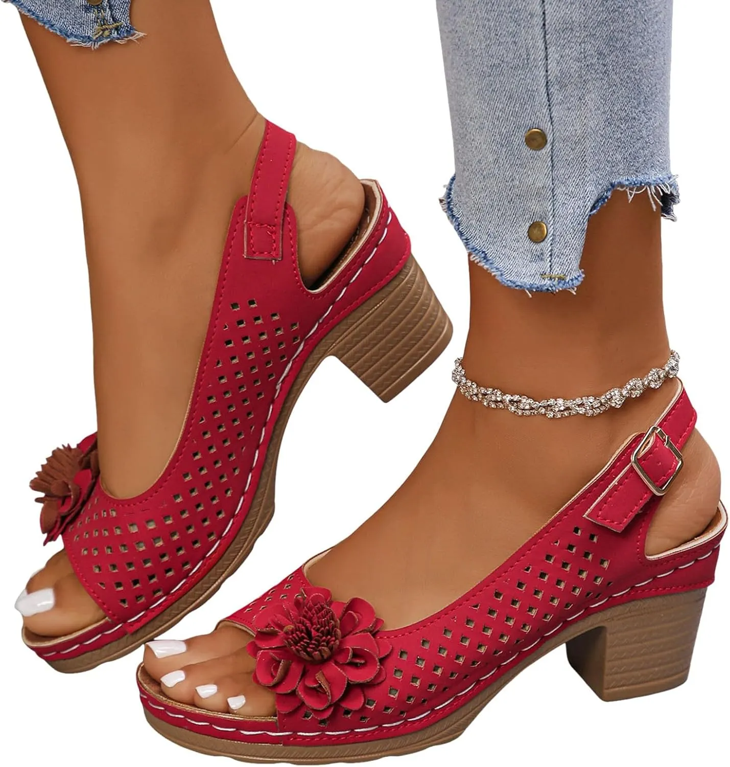 ZSpzx Women's Block Heel Sandals 2025 Comfortable Dressy Ladies Peep Toe Flowers Comfortable Hollow Out Slingback Sandals Chunky Cut-Out Leather Dressy Adjustable Strappy Shoes for Daily Wear