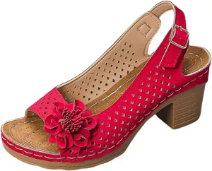 ZSpzx Women's Block Heel Sandals 2025 Comfortable Dressy Ladies Peep Toe Flowers Comfortable Hollow Out Slingback Sandals Chunky Cut-Out Leather Dressy Adjustable Strappy Shoes for Daily Wear