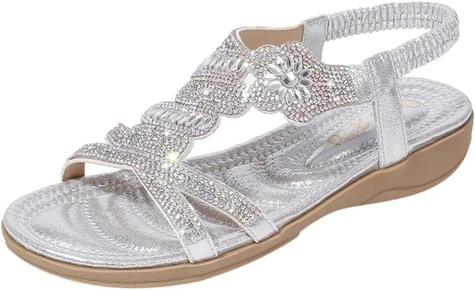 ZSpzx Womens Flat Sandals Flower Low Heel Dressy Elastic Ankle Strap Rhinestone Summer Comfortable Women's T-Strap Dress Open Toe Slip-On Casual Flowers Women Bohe Pearl Crystal Walking Beach Shoes