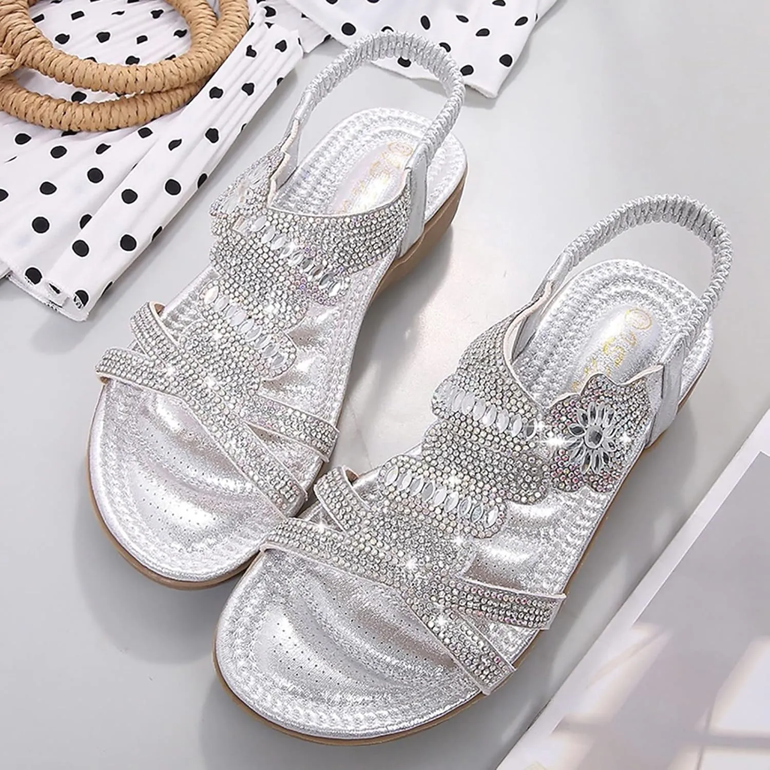 ZSpzx Womens Flat Sandals Flower Low Heel Dressy Elastic Ankle Strap Rhinestone Summer Comfortable Women's T-Strap Dress Open Toe Slip-On Casual Flowers Women Bohe Pearl Crystal Walking Beach Shoes