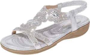 ZSpzx Womens Flat Sandals Flower Low Heel Dressy Elastic Ankle Strap Rhinestone Summer Comfortable Women's T-Strap Dress Open Toe Slip-On Casual Flowers Women Bohe Pearl Crystal Walking Beach Shoes
