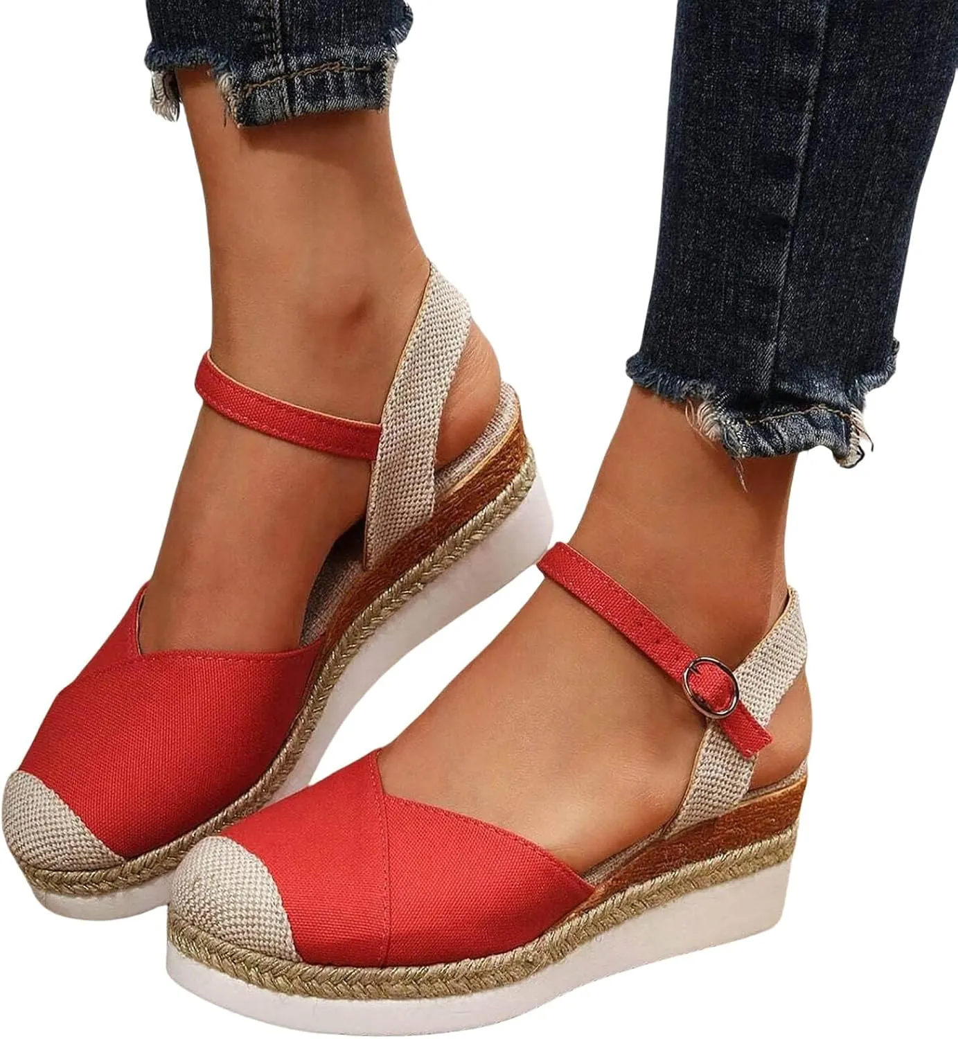 ZWRXW Orthopedic Platform Wedge Sandals for Women Arch Support Closed Toe Platform Sandals Dressy Summer Buckle Ankle Strap Espadrilles Wedge Sandals Comfortable Outdoor Shoes