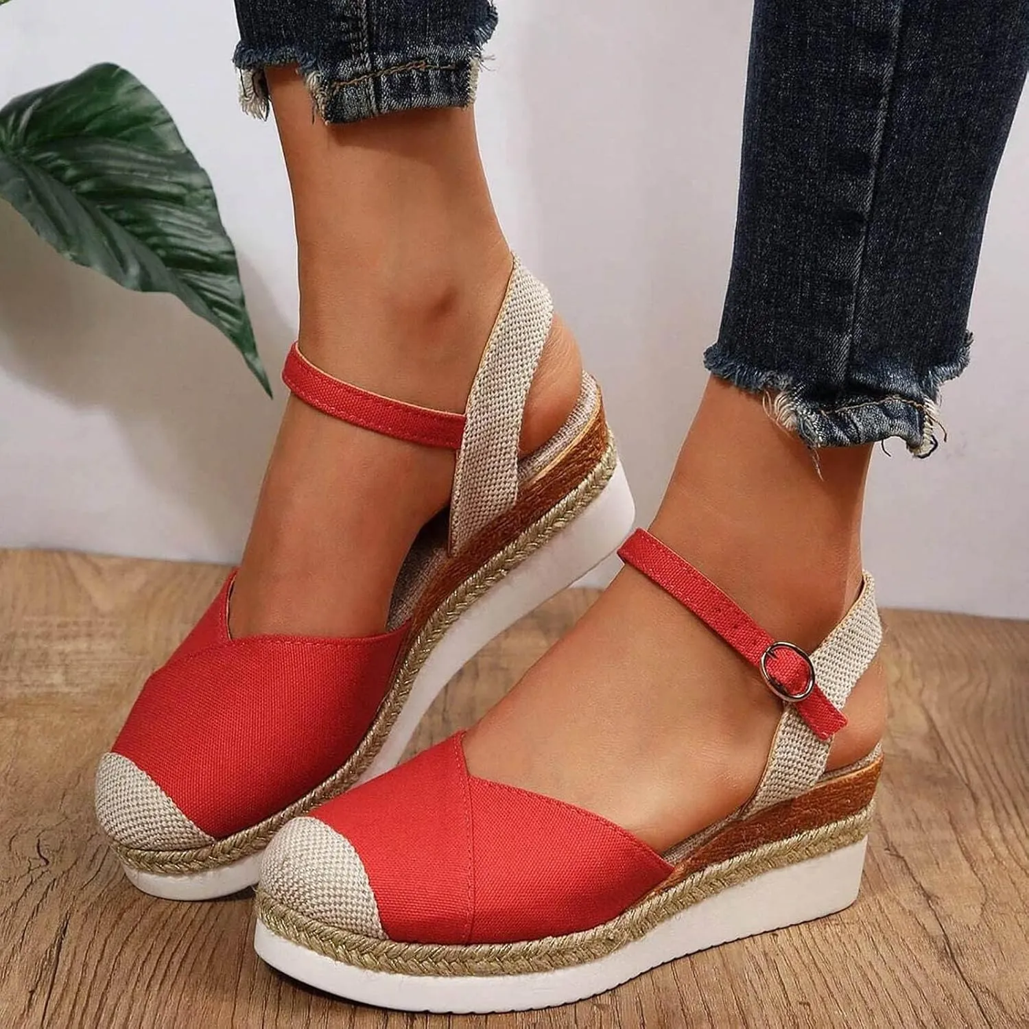 ZWRXW Orthopedic Platform Wedge Sandals for Women Arch Support Closed Toe Platform Sandals Dressy Summer Buckle Ankle Strap Espadrilles Wedge Sandals Comfortable Outdoor Shoes
