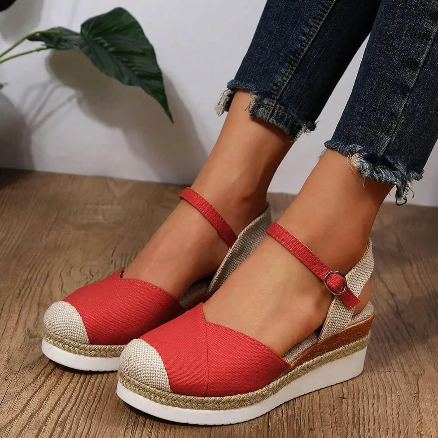 ZWRXW Orthopedic Platform Wedge Sandals for Women Arch Support Closed Toe Platform Sandals Dressy Summer Buckle Ankle Strap Espadrilles Wedge Sandals Comfortable Outdoor Shoes