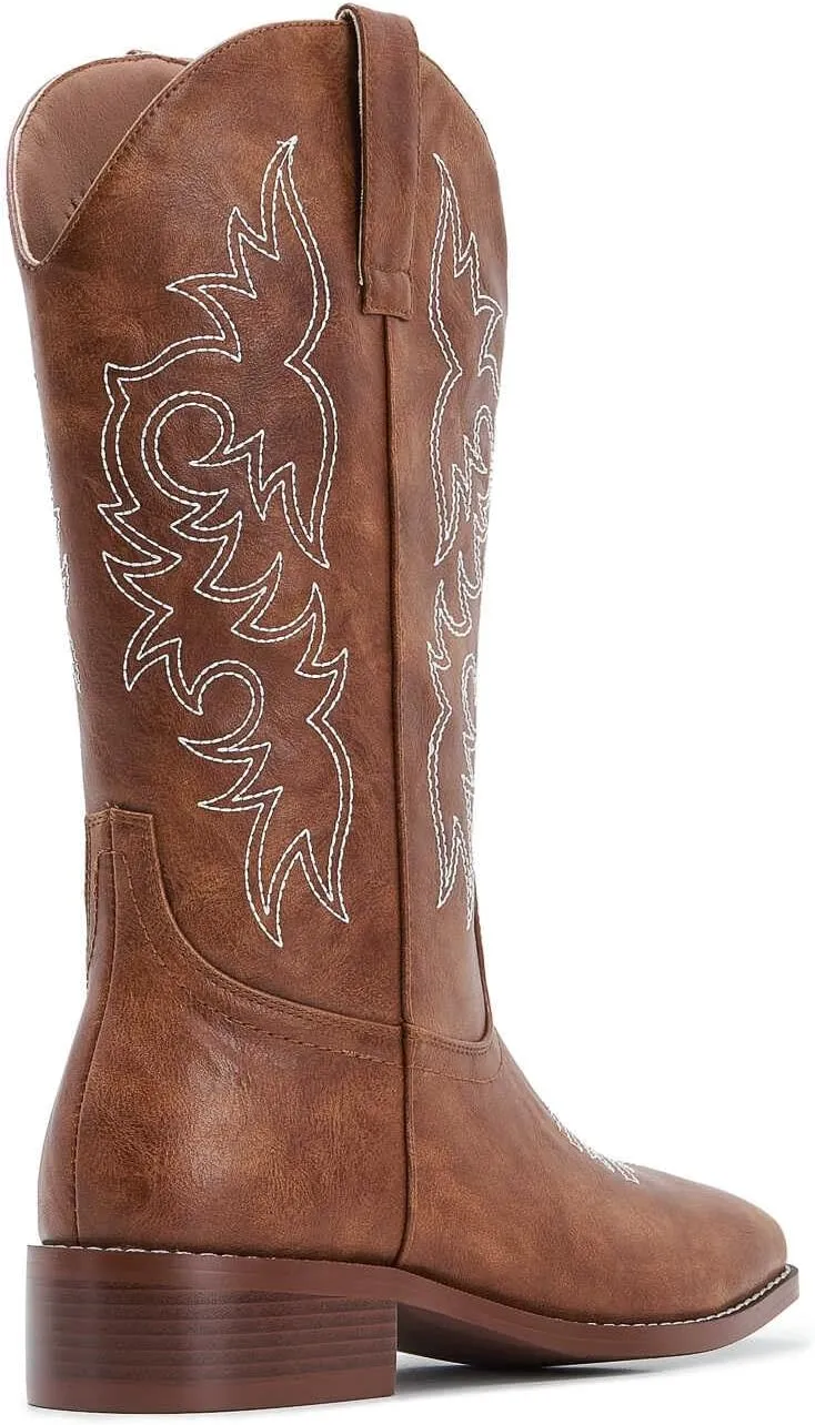 ZXHYZLZ Western Cowboy Boots for Women - Mid Calf Embroidered Cowgirl Boots, Slip On Pointed Toe Chunky Heel Fashion Retro Classic Boots